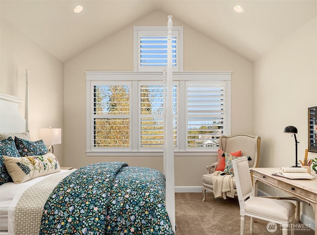 bedroom featuring recessed lighting, vaulted ceiling, carpet, and baseboards