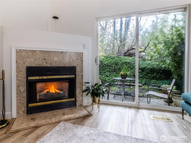 interior space featuring wood finished floors and a fireplace