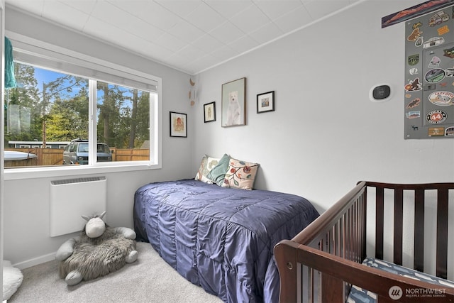 bedroom with carpet flooring and radiator
