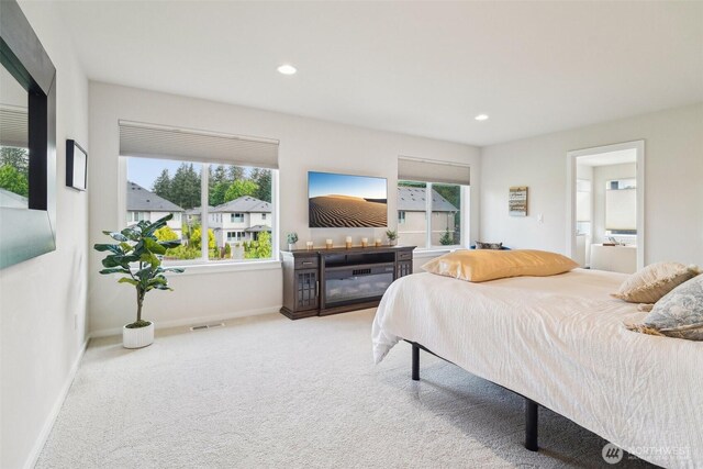 bedroom with baseboards, carpet floors, and recessed lighting