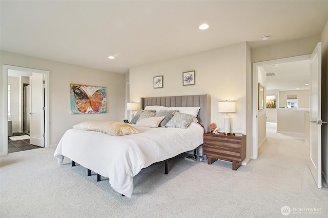 carpeted bedroom featuring recessed lighting and baseboards