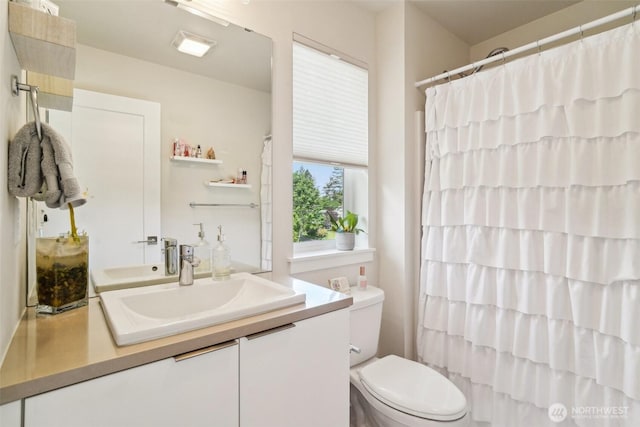 bathroom featuring toilet, vanity, and a shower with curtain