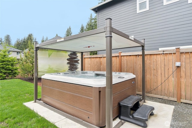 view of patio featuring a hot tub