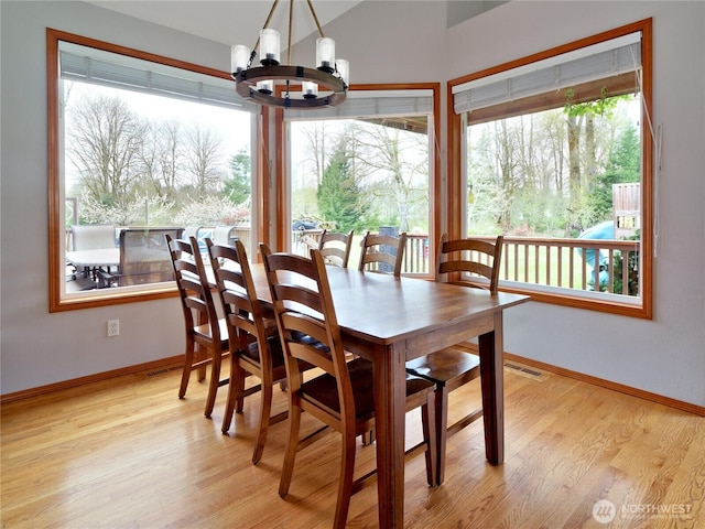 dining area featuring light wood-style floors, a healthy amount of sunlight, a notable chandelier, and baseboards
