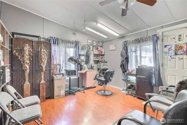 31600 126th Ave SE Unit 114, Auburn, WA 98092 - office area with a textured ceiling, wood finished floors, a ceiling fan, and lofted ceiling