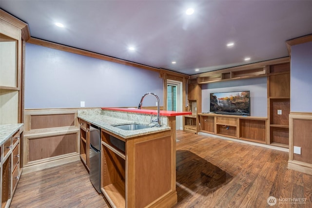 36984 Aspen Way NE, Hansville, WA 98340 - kitchen with a sink, wood finished floors, light stone counters, fridge, and recessed lighting