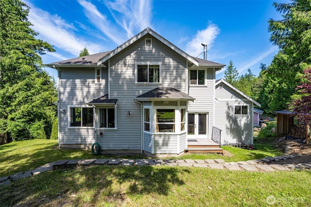 36984 Aspen Way NE, Hansville, WA 98340 - back of property with a lawn, french doors, and a shingled roof