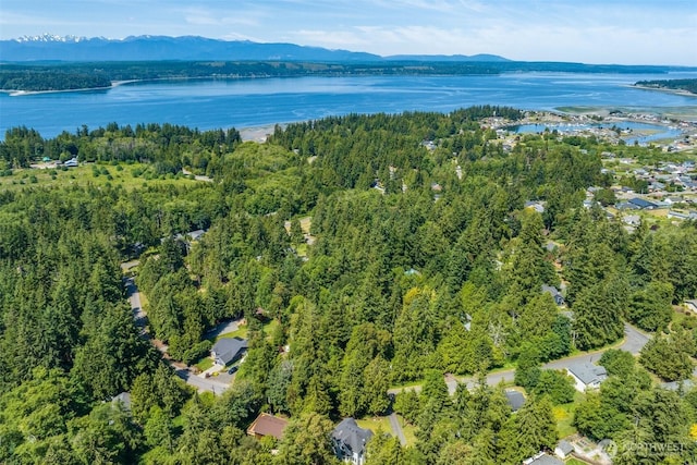 36984 Aspen Way NE, Hansville, WA 98340 - aerial view of property and surrounding area featuring a water and mountain view and a heavily wooded area