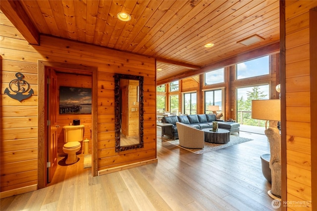 121 Marine Dr, Blakely Island, WA 98222 - living area featuring wooden walls, light wood finished floors, wooden ceiling, and recessed lighting
