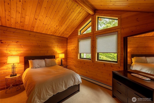 121 Marine Dr, Blakely Island, WA 98222 - bedroom with wooden ceiling, light colored carpet, a baseboard radiator, and vaulted ceiling