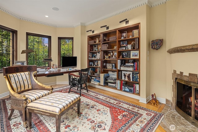 180 Lake Washington Blvd E, Seattle, WA 98112 - office featuring baseboards, wood finished floors, plenty of natural light, and a glass covered fireplace