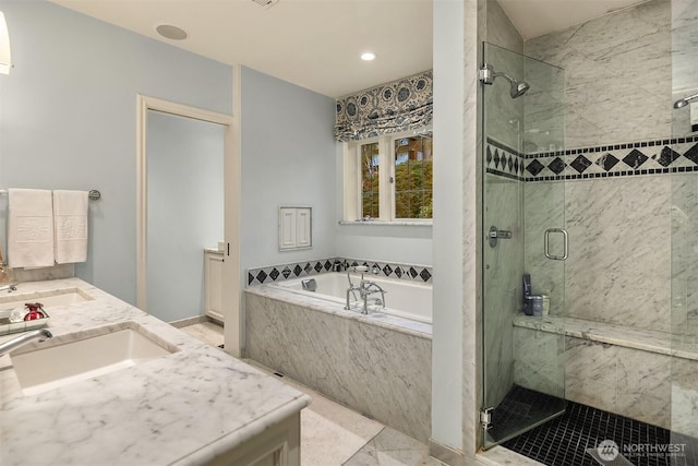 180 Lake Washington Blvd E, Seattle, WA 98112 - full bath with a shower stall, recessed lighting, vanity, and a bath