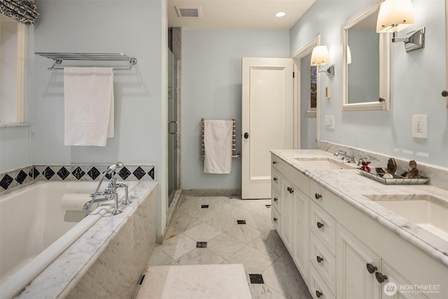 180 Lake Washington Blvd E, Seattle, WA 98112 - bathroom featuring visible vents, a sink, double vanity, a stall shower, and a garden tub