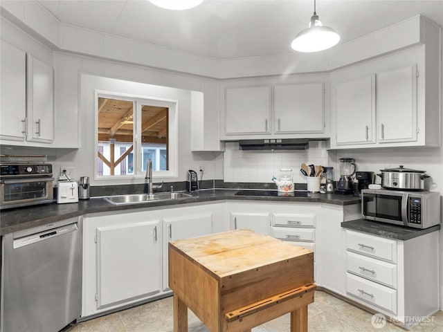 kitchen featuring dark countertops, extractor fan, a sink, and stainless steel appliances