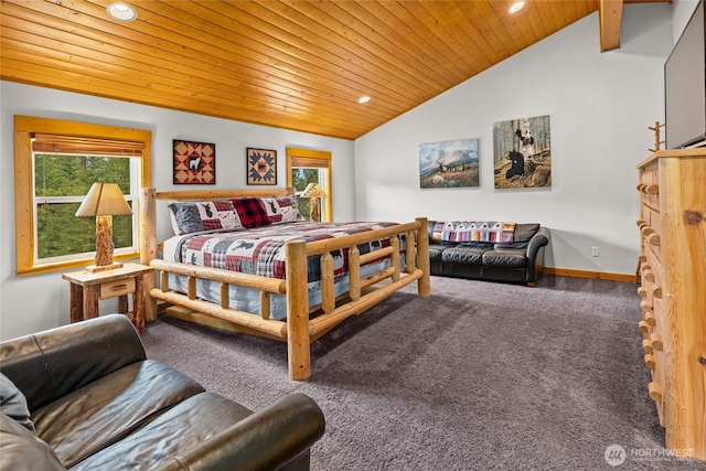 bedroom with wood ceiling, multiple windows, vaulted ceiling, and carpet floors