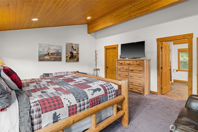 carpeted bedroom with baseboards, recessed lighting, vaulted ceiling, and wood ceiling