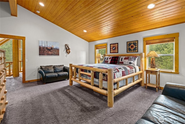 bedroom with wood ceiling, carpet, lofted ceiling, and recessed lighting