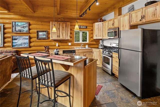 kitchen featuring wooden ceiling, rustic walls, track lighting, stainless steel appliances, and a sink