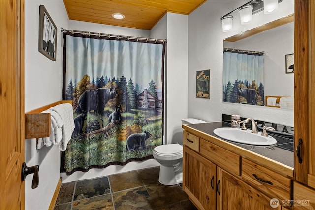 full bathroom featuring shower / tub combo, toilet, stone finish floor, wood ceiling, and vanity