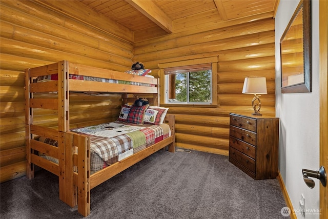 carpeted bedroom with beamed ceiling, log walls, and wood ceiling