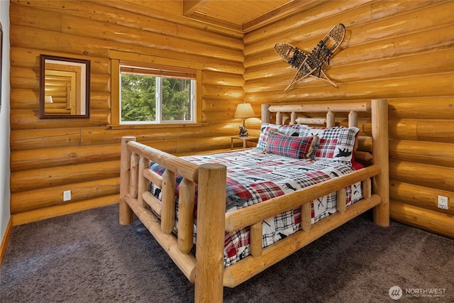 bedroom featuring wood ceiling, rustic walls, and carpet floors