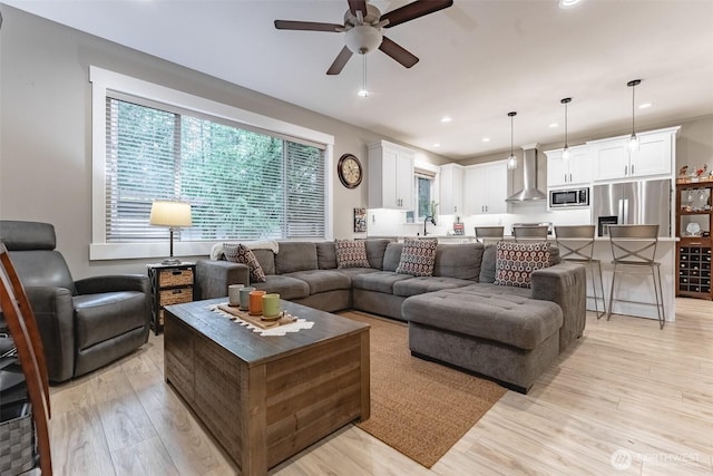 6321 Pony Pl, Maple Falls, WA 98266 - living room featuring light wood-style floors, ceiling fan, and recessed lighting