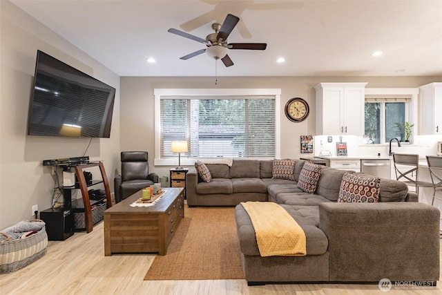 6321 Pony Pl, Maple Falls, WA 98266 - living area with a wealth of natural light, recessed lighting, light wood-style flooring, and a ceiling fan