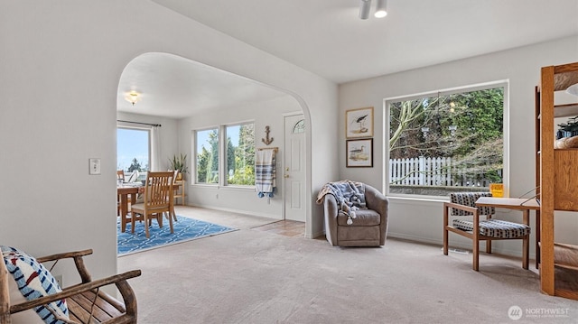 4504 Queen Ann Way, Anacortes, WA 98221 - living area with arched walkways, carpet flooring, and baseboards