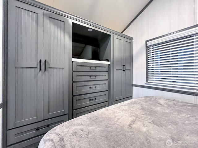 bedroom featuring a closet and lofted ceiling