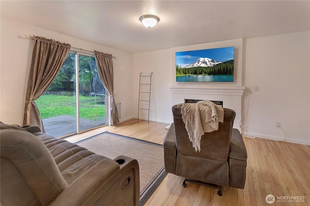9410 175th Street Ct E, Puyallup, WA 98375 - living area featuring wood finished floors, baseboards, and a brick fireplace