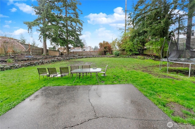 9410 175th Street Ct E, Puyallup, WA 98375 - view of yard with a fenced backyard, a trampoline, and a patio