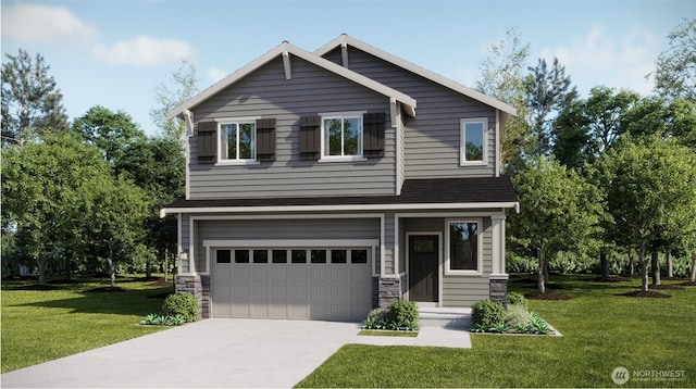 view of front facade featuring driveway, stone siding, an attached garage, and a front lawn