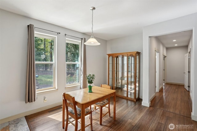 dining space with wood finished floors and baseboards