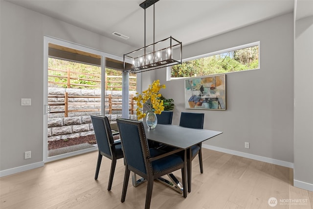 18122 83rd Ave NE, Kenmore, WA 98028 - dining space featuring visible vents, baseboards, a notable chandelier, and wood finished floors