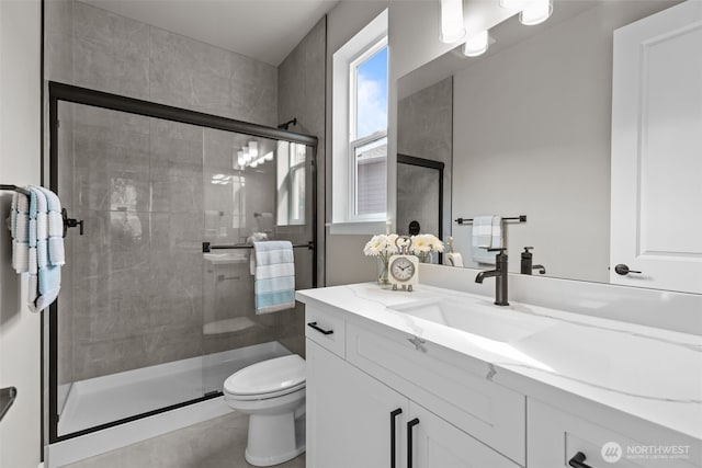 18122 83rd Ave NE, Kenmore, WA 98028 - full bath with toilet, vanity, a shower stall, and tile patterned flooring