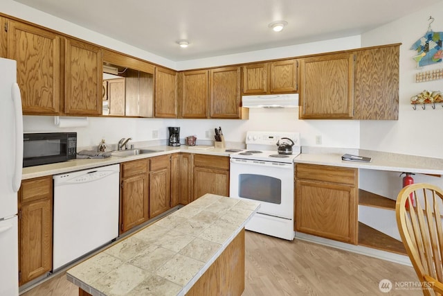7806 Birch Bay Dr Unit 1107, Blaine, WA 98230 - kitchen featuring a sink, light countertops, white appliances, under cabinet range hood, and light wood finished floors