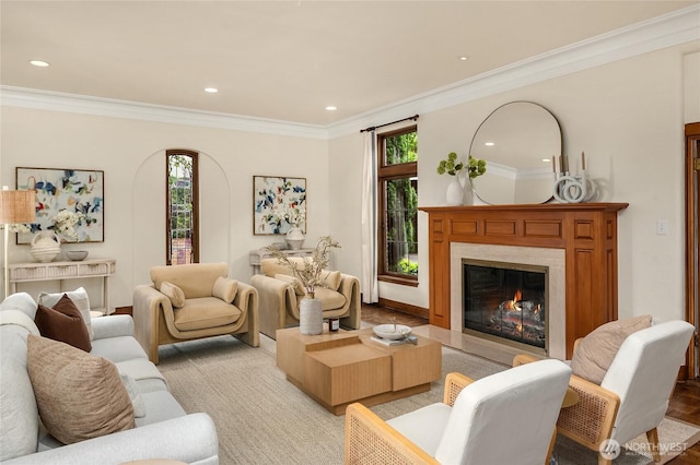 1919 Shenandoah Dr E, Seattle, WA 98112 - living room with ornamental molding, a high end fireplace, and recessed lighting
