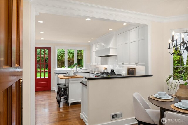 1919 Shenandoah Dr E, Seattle, WA 98112 - kitchen with premium range hood, white cabinetry, dark wood-style floors, decorative backsplash, and ornamental molding