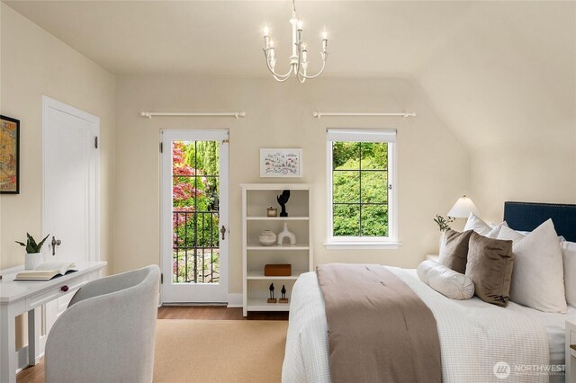 1919 Shenandoah Dr E, Seattle, WA 98112 - bedroom with a chandelier, lofted ceiling, and wood finished floors