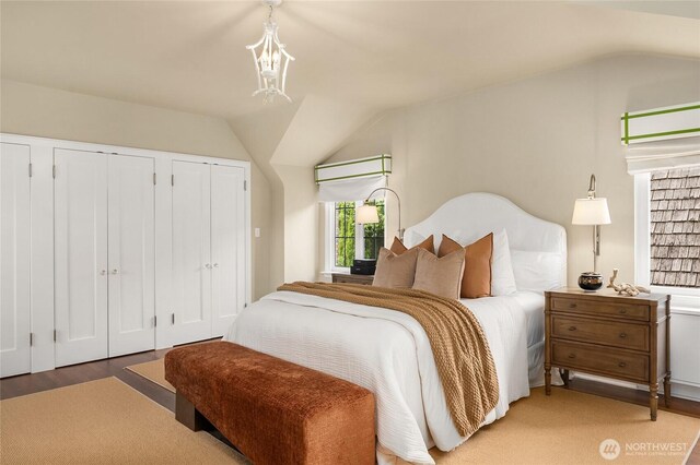 1919 Shenandoah Dr E, Seattle, WA 98112 - bedroom with vaulted ceiling, light wood finished floors, and multiple closets