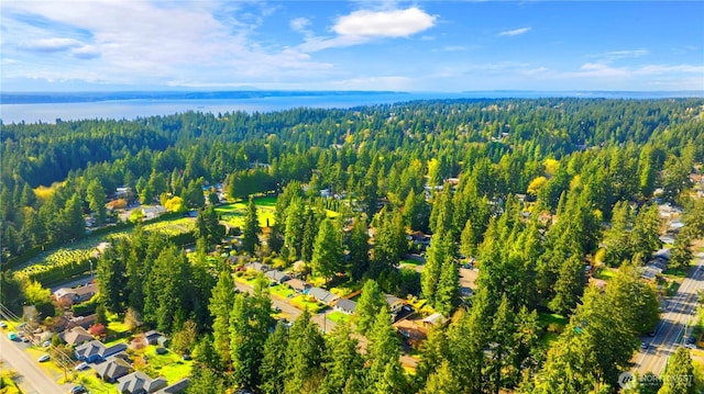 aerial view featuring a wooded view and a water view