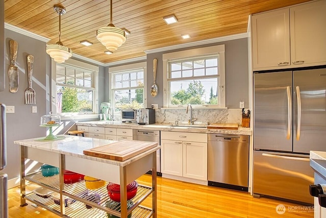 1305 10th St, Everett, WA 98201 - kitchen featuring stainless steel appliances, ornamental molding, wooden ceiling, light wood-type flooring, and white cabinets