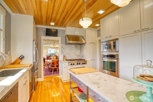 1305 10th St, Everett, WA 98201 - kitchen featuring stainless steel appliances, under cabinet range hood, wood ceiling, decorative backsplash, and light wood-type flooring