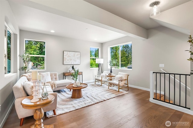 living area with baseboards, recessed lighting, and wood finished floors