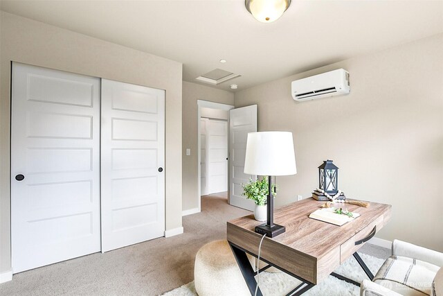 carpeted office with an AC wall unit and baseboards