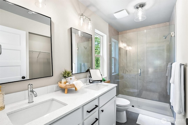 bathroom featuring a sink, toilet, and a shower stall