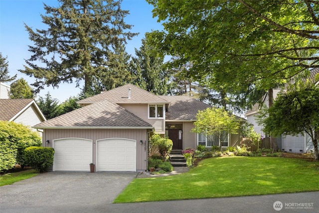 24507 SE 37th St, Sammamish, WA 98029 - split level home with an attached garage, roof with shingles, asphalt driveway, a front lawn, and board and batten siding