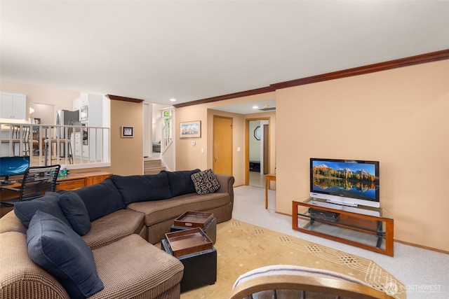 24507 SE 37th St, Sammamish, WA 98029 - living room with stairway, crown molding, baseboards, and carpet