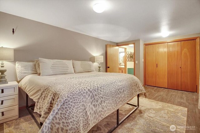 bedroom featuring light wood-style flooring and a closet