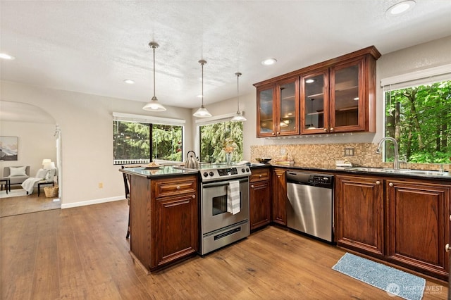 20817 29th Ave SE, Bothell, WA 98021 - kitchen featuring stainless steel appliances, a sink, a peninsula, wood finished floors, and decorative backsplash